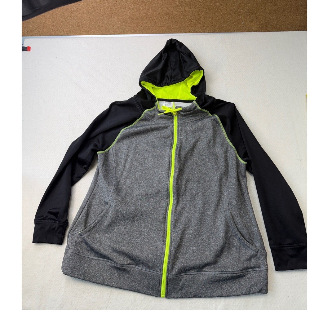 Danskin Now Womens 2X Hoodie Full Zip Fleece Jacket Grey Black Neon DNW45662 - Picture 1 of 10